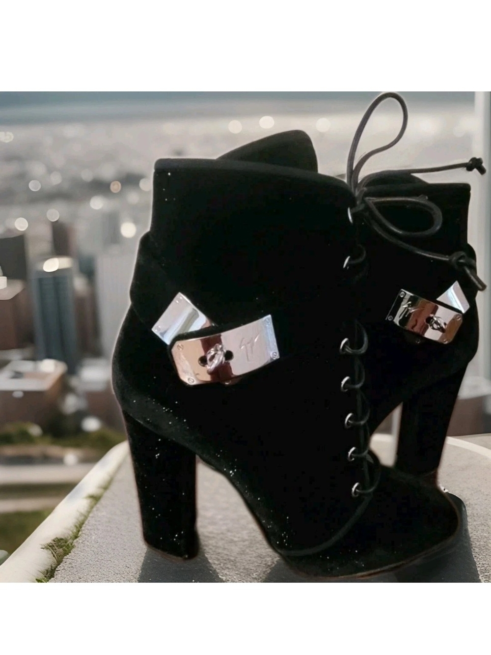 Vintage Giuseppe Zanotti Black Velvet Buckle Plate Ankle lady Gaga  Boots